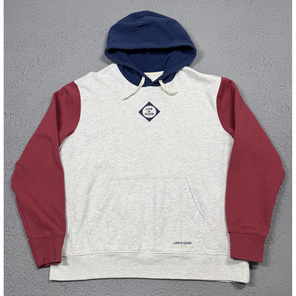 Life Is Good Hoodie Mens Large Gray Maroon Fleece‎ Pullover Kangaroo Pocket Logo